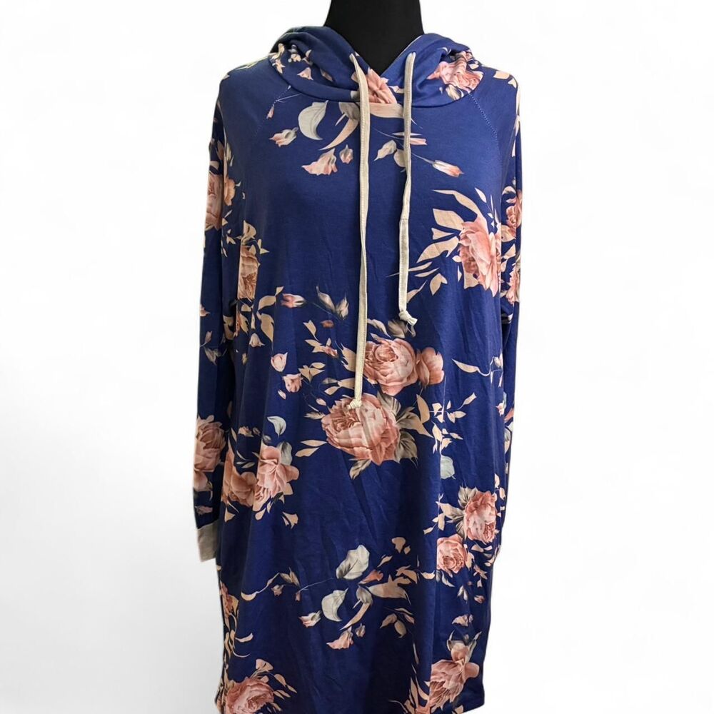 Fabulous Comfy Hoodie Dress Blue and Pink Floral Pattern Size XL with Pockets